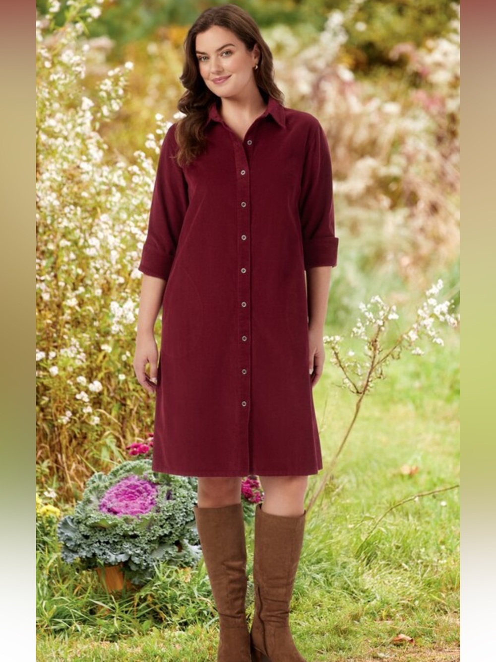 The Vermont Country Store 100% Cotton Corduroy Shirt Dress in Merlot Size XL NWT